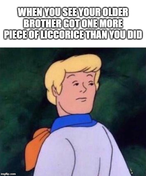 WHEN YOU SEE YOUR OLDER BROTHER GOT ONE MORE PIECE OF LICCORICE THAN YOU DID | image tagged in fred,scooby doo,snapped neck | made w/ Imgflip meme maker