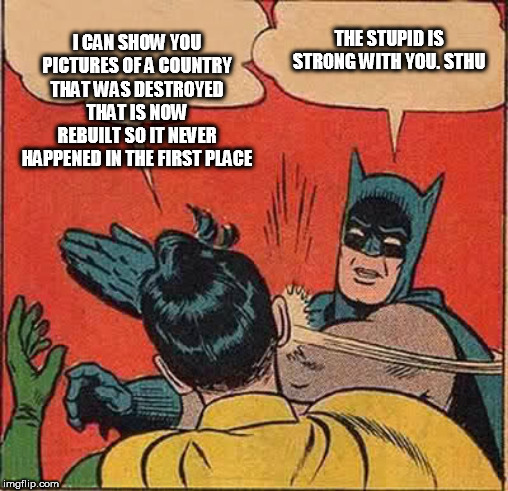 Batman Slapping Robin | I CAN SHOW YOU PICTURES OF A COUNTRY THAT WAS DESTROYED THAT IS NOW REBUILT SO IT NEVER HAPPENED IN THE FIRST PLACE; THE STUPID IS STRONG WITH YOU. STHU | image tagged in memes,batman slapping robin | made w/ Imgflip meme maker