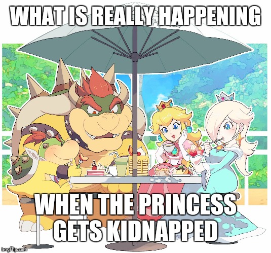 IT'S TEA TIME | WHAT IS REALLY HAPPENING; WHEN THE PRINCESS GETS KIDNAPPED | image tagged in super mario,princess peach,rosalina,bowser | made w/ Imgflip meme maker