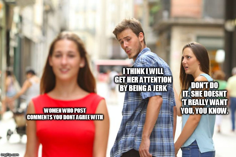 Distracted Boyfriend | I THINK I WILL GET HER ATTENTION BY BEING A JERK; DON'T DO IT. SHE DOESNT
'T REALLY WANT YOU, YOU KNOW. WOMEN WHO POST COMMENTS YOU DONT AGREE WITH | image tagged in memes,distracted boyfriend | made w/ Imgflip meme maker