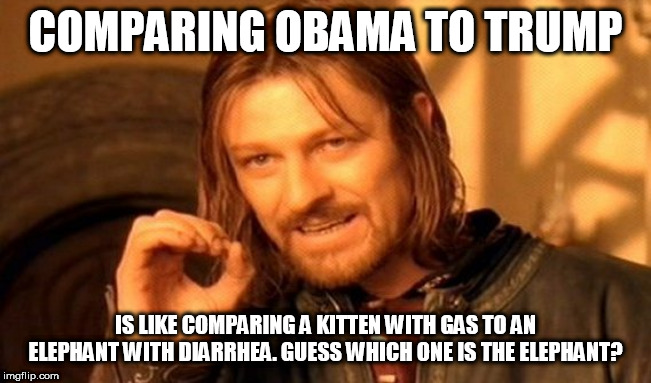 One Does Not Simply | COMPARING OBAMA TO TRUMP; IS LIKE COMPARING A KITTEN WITH GAS TO AN ELEPHANT WITH DIARRHEA. GUESS WHICH ONE IS THE ELEPHANT? | image tagged in memes,one does not simply | made w/ Imgflip meme maker