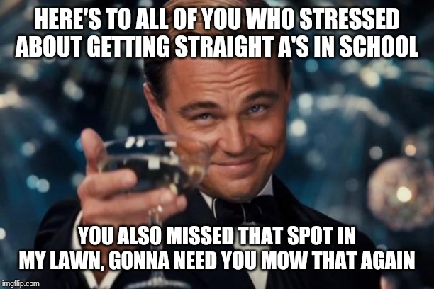 Leonardo Dicaprio Cheers Meme | HERE'S TO ALL OF YOU WHO STRESSED ABOUT GETTING STRAIGHT A'S IN SCHOOL; YOU ALSO MISSED THAT SPOT IN MY LAWN, GONNA NEED YOU MOW THAT AGAIN | image tagged in memes,leonardo dicaprio cheers | made w/ Imgflip meme maker