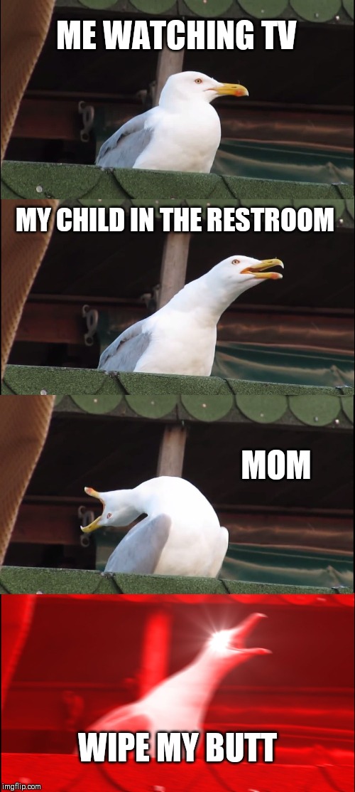 Inhaling Seagull | ME WATCHING TV; MY CHILD IN THE RESTROOM; MOM; WIPE MY BUTT | image tagged in memes,inhaling seagull | made w/ Imgflip meme maker