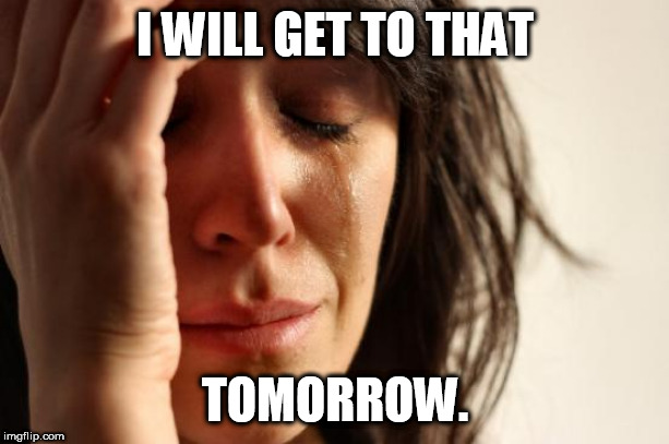First World Problems | I WILL GET TO THAT; TOMORROW. | image tagged in memes,first world problems | made w/ Imgflip meme maker