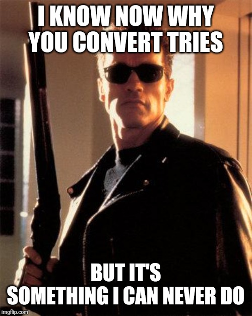 Terminator 2 | I KNOW NOW WHY YOU CONVERT TRIES; BUT IT'S SOMETHING I CAN NEVER DO | image tagged in terminator 2 | made w/ Imgflip meme maker