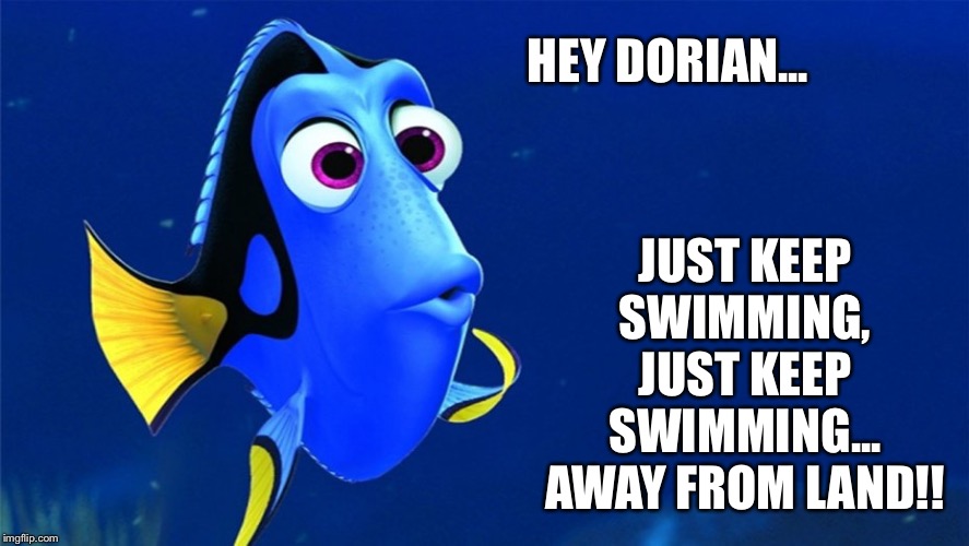 Dory says... | HEY DORIAN... JUST KEEP SWIMMING, JUST KEEP SWIMMING... AWAY FROM LAND!! | image tagged in hurricane,dory from finding nemo,dory | made w/ Imgflip meme maker