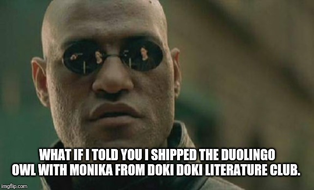 Matrix Morpheus Meme | WHAT IF I TOLD YOU I SHIPPED THE DUOLINGO OWL WITH MONIKA FROM DOKI DOKI LITERATURE CLUB. | image tagged in memes,matrix morpheus | made w/ Imgflip meme maker