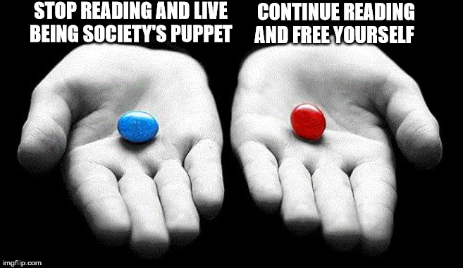 Red pills blue pills | STOP READING AND LIVE BEING SOCIETY'S PUPPET; CONTINUE READING AND FREE YOURSELF | image tagged in red pills blue pills | made w/ Imgflip meme maker