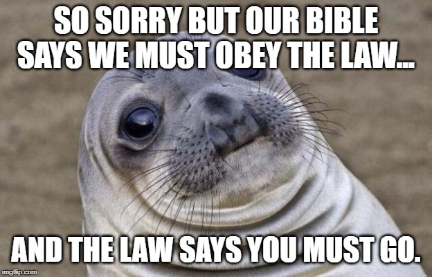 Awkward Seal | SO SORRY BUT OUR BIBLE SAYS WE MUST OBEY THE LAW... AND THE LAW SAYS YOU MUST GO. | image tagged in awkward seal | made w/ Imgflip meme maker