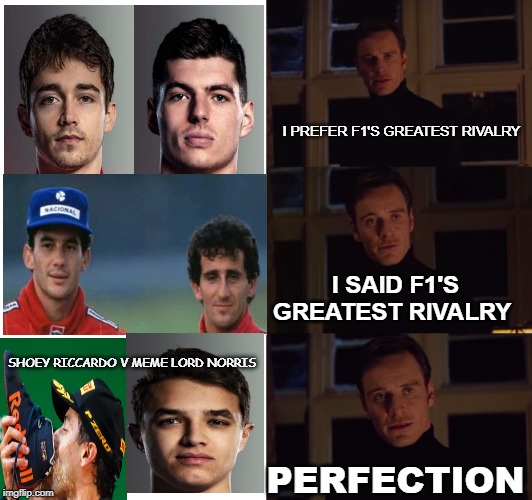 perfection | I PREFER F1'S GREATEST RIVALRY; I SAID F1'S GREATEST RIVALRY; SHOEY RICCARDO V MEME LORD NORRIS; PERFECTION | image tagged in perfection | made w/ Imgflip meme maker