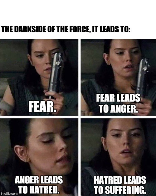 REAL TALK!!!!!!!!!!!!! | THE DARKSIDE OF THE FORCE, IT LEADS TO:; FEAR. FEAR LEADS TO ANGER. ANGER LEADS TO HATRED. HATRED LEADS TO SUFFERING. | image tagged in star wars rey | made w/ Imgflip meme maker