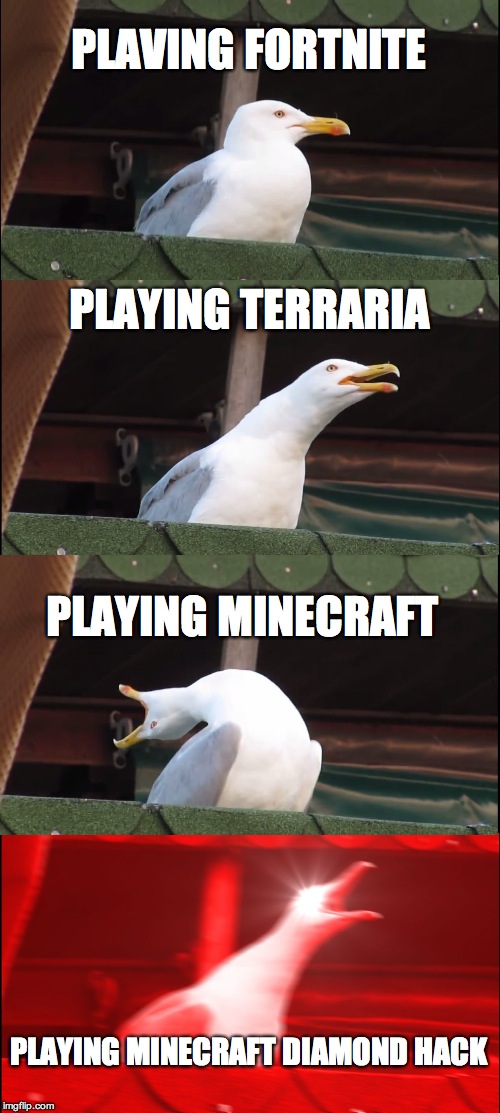 Inhaling Seagull | PLAVING FORTNITE; PLAYING TERRARIA; PLAYING MINECRAFT; PLAYING MINECRAFT DIAMOND HACK | image tagged in memes,inhaling seagull | made w/ Imgflip meme maker