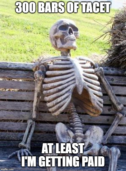 Waiting Skeleton Meme | 300 BARS OF TACET; AT LEAST I'M GETTING PAID | image tagged in memes,waiting skeleton | made w/ Imgflip meme maker