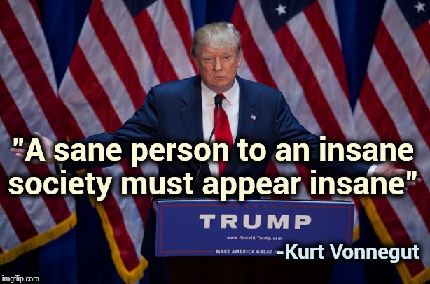 "Stop making sense" - David Byrne | "A sane person to an insane society must appear insane"; -Kurt Vonnegut | image tagged in donald trump,insane,people,dumb people,crazy,why not both | made w/ Imgflip meme maker