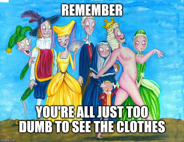 The Emperor's new clothes | REMEMBER YOU'RE ALL JUST TOO DUMB TO SEE THE CLOTHES | image tagged in the emperor's new clothes | made w/ Imgflip meme maker