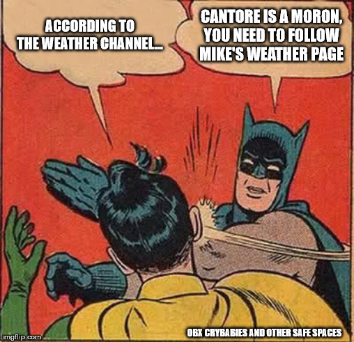 Cantore-Best In Drama Award! | ACCORDING TO THE WEATHER CHANNEL... CANTORE IS A MORON, YOU NEED TO FOLLOW MIKE'S WEATHER PAGE; OBX CRYBABIES AND OTHER SAFE SPACES | image tagged in memes,batman slapping robin,mikes weather | made w/ Imgflip meme maker