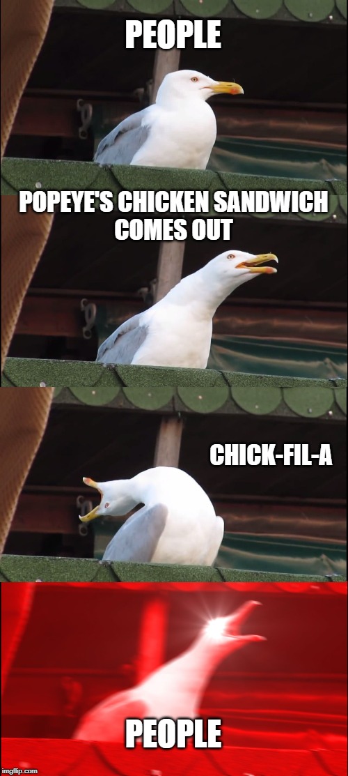 Inhaling Seagull | PEOPLE; POPEYE'S CHICKEN SANDWICH
COMES OUT; CHICK-FIL-A; PEOPLE | image tagged in memes,inhaling seagull | made w/ Imgflip meme maker