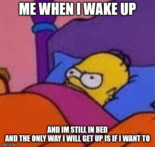 angry homer simpson in bed | ME WHEN I WAKE UP; AND IM STILL IN BED
AND THE ONLY WAY I WILL GET UP IS IF I WANT TO | image tagged in angry homer simpson in bed | made w/ Imgflip meme maker