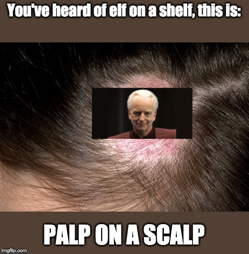 You've heard of elf on a shelf, this is:; PALP ON A SCALP | image tagged in star wars,star wars prequels | made w/ Imgflip meme maker