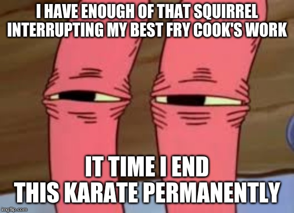Mr. Krabs Smelly Smell | I HAVE ENOUGH OF THAT SQUIRREL INTERRUPTING MY BEST FRY COOK'S WORK IT TIME I END THIS KARATE PERMANENTLY | image tagged in mr krabs smelly smell | made w/ Imgflip meme maker