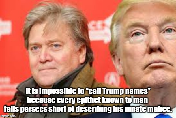 It is impossible to â€œcall Trump namesâ€ because every epithet known to man 
falls parsecs short of describing his innate malice. | made w/ Imgflip meme maker
