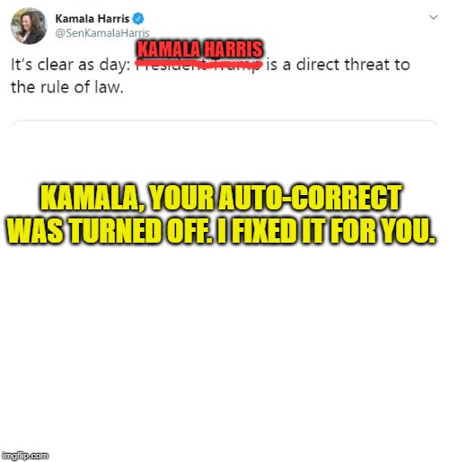 Kamala should check herself before talking about lawlessness | KAMALA HARRIS; KAMALA, YOUR AUTO-CORRECT WAS TURNED OFF. I FIXED IT FOR YOU. | image tagged in blank white template,kamala harris tweet,memes,donald trump,lawyer,autocorrect | made w/ Imgflip meme maker