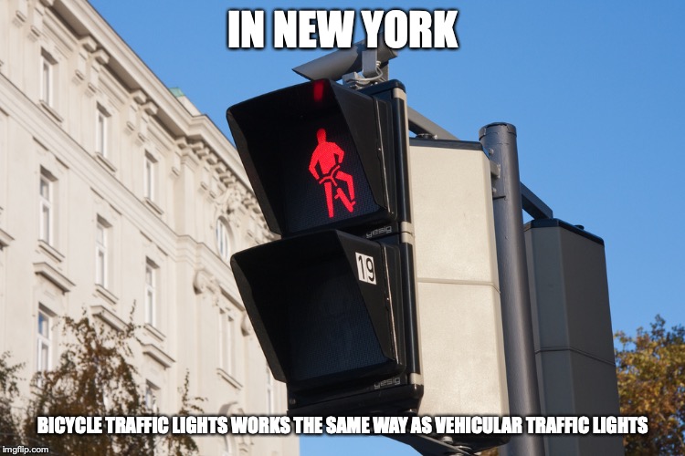 Bicycle Traffic Lights | IN NEW YORK; BICYCLE TRAFFIC LIGHTS WORKS THE SAME WAY AS VEHICULAR TRAFFIC LIGHTS | image tagged in traffic light,memes,bicycle | made w/ Imgflip meme maker