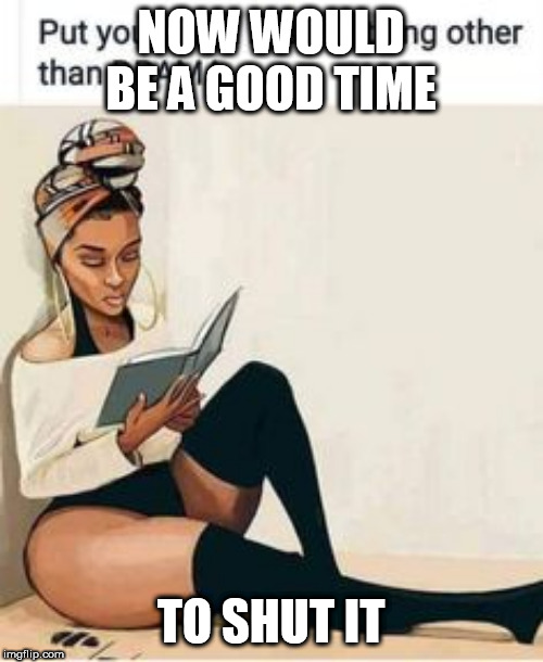 NOW WOULD BE A GOOD TIME; TO SHUT IT | made w/ Imgflip meme maker