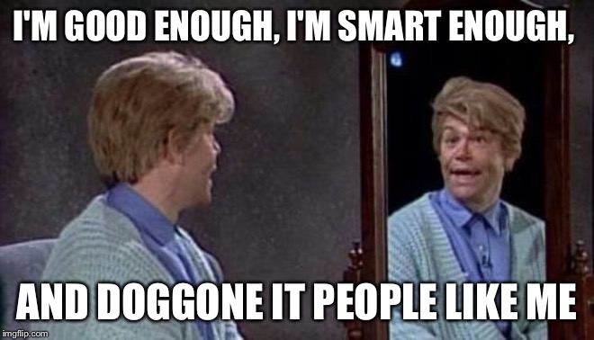 Stuart Smalley |  I'M GOOD ENOUGH, I'M SMART ENOUGH, AND DOGGONE IT PEOPLE LIKE ME | image tagged in stuart smalley | made w/ Imgflip meme maker