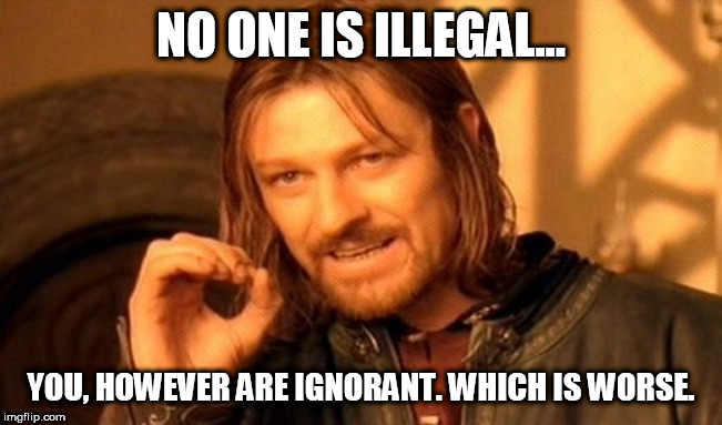 One Does Not Simply | NO ONE IS ILLEGAL... YOU, HOWEVER ARE IGNORANT. WHICH IS WORSE. | image tagged in memes,one does not simply | made w/ Imgflip meme maker