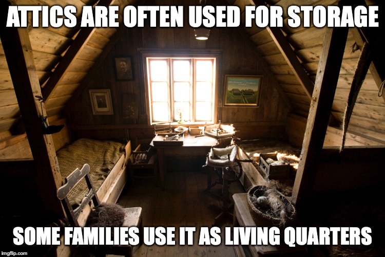 Attics | ATTICS ARE OFTEN USED FOR STORAGE; SOME FAMILIES USE IT AS LIVING QUARTERS | image tagged in attic,memes,house | made w/ Imgflip meme maker