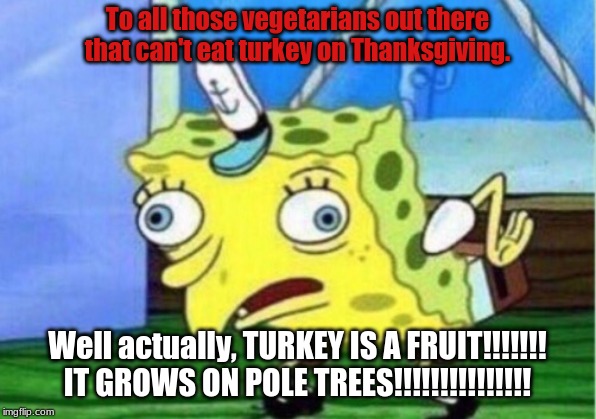 Mocking Spongebob | To all those vegetarians out there that can't eat turkey on Thanksgiving. Well actually, TURKEY IS A FRUIT!!!!!!! IT GROWS ON POLE TREES!!!!!!!!!!!!!!! | image tagged in memes,mocking spongebob | made w/ Imgflip meme maker