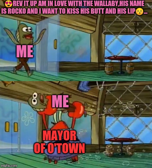 SpongeBob Fish Thrown Out |  😍REV IT UP AM IN LOVE WITH THE WALLABY,HIS NAME IS ROCKO AND I WANT TO KISS HIS BUTT AND HIS LIP😚... ME; ME; MAYOR OF O'TOWN | image tagged in spongebob fish thrown out,rocko | made w/ Imgflip meme maker