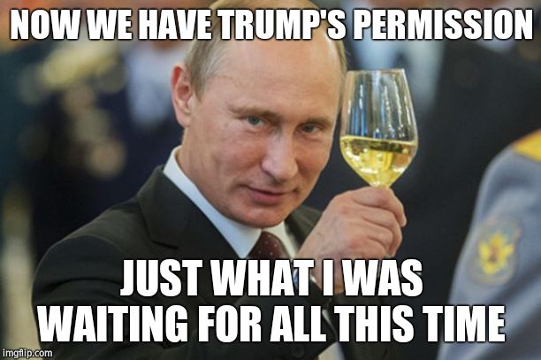Putin Cheers | NOW WE HAVE TRUMP'S PERMISSION JUST WHAT I WAS WAITING FOR ALL THIS TIME | image tagged in putin cheers | made w/ Imgflip meme maker