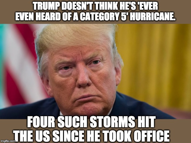 A dim bulb in the White House | TRUMP DOESN'T THINK HE'S 'EVER EVEN HEARD OF A CATEGORY 5' HURRICANE. FOUR SUCH STORMS HIT THE US SINCE HE TOOK OFFICE | image tagged in trump,trump is a moron,hurricane season,dorian | made w/ Imgflip meme maker