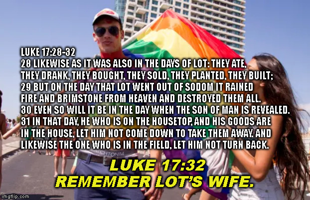 LUKE 17:28-32


28 LIKEWISE AS IT WAS ALSO IN THE DAYS OF LOT: THEY ATE,
THEY DRANK, THEY BOUGHT, THEY SOLD, THEY PLANTED, THEY BUILT; 
29 BUT ON THE DAY THAT LOT WENT OUT OF SODOM IT RAINED
FIRE AND BRIMSTONE FROM HEAVEN AND DESTROYED THEM ALL.
30 EVEN SO WILL IT BE IN THE DAY WHEN THE SON OF MAN IS REVEALED.
31 IN THAT DAY, HE WHO IS ON THE HOUSETOP, AND HIS GOODS ARE
IN THE HOUSE, LET HIM NOT COME DOWN TO TAKE THEM AWAY. AND
LIKEWISE THE ONE WHO IS IN THE FIELD, LET HIM NOT TURN BACK. LUKE 17:32 REMEMBER LOT’S WIFE. | made w/ Imgflip meme maker