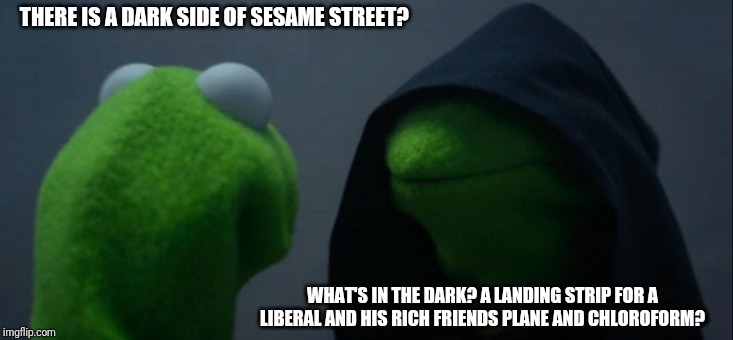 Evil Kermit | THERE IS A DARK SIDE OF SESAME STREET? WHAT'S IN THE DARK? A LANDING STRIP FOR A LIBERAL AND HIS RICH FRIENDS PLANE AND CHLOROFORM? | image tagged in memes,evil kermit | made w/ Imgflip meme maker