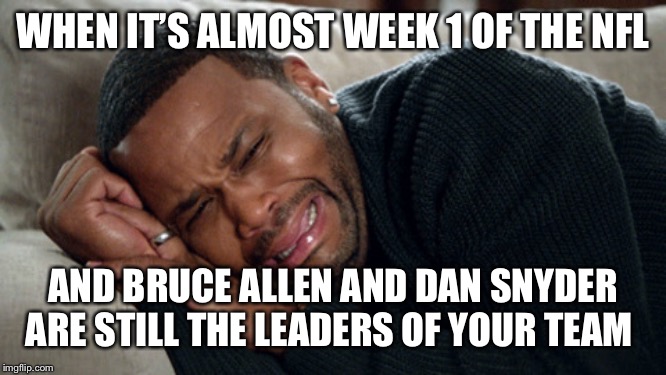 Blackish crying | WHEN IT’S ALMOST WEEK 1 OF THE NFL; AND BRUCE ALLEN AND DAN SNYDER ARE STILL THE LEADERS OF YOUR TEAM | image tagged in blackish crying | made w/ Imgflip meme maker