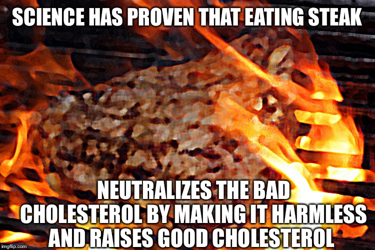 steak | SCIENCE HAS PROVEN THAT EATING STEAK; NEUTRALIZES THE BAD CHOLESTEROL BY MAKING IT HARMLESS AND RAISES GOOD CHOLESTEROL | image tagged in steak | made w/ Imgflip meme maker