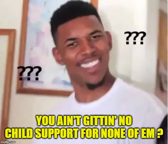 confused nigga | YOU AIN'T GITTIN' NO CHILD SUPPORT FOR NONE OF EM ? | image tagged in confused nigga | made w/ Imgflip meme maker