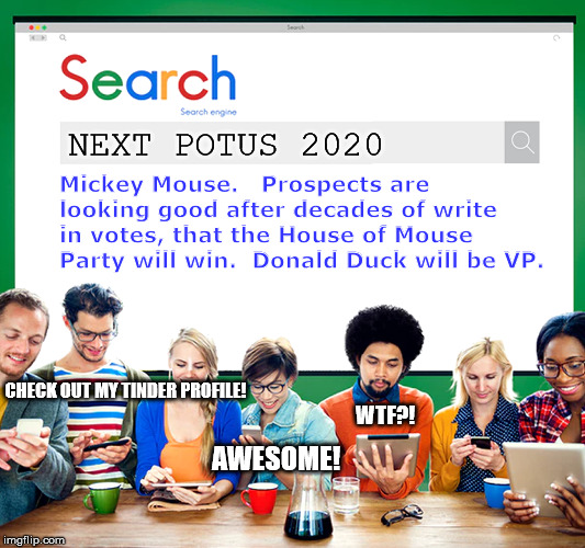 Diverse Group of People using Web Search Engine | NEXT POTUS 2020; Mickey Mouse.   Prospects are looking good after decades of write in votes, that the House of Mouse Party will win.  Donald Duck will be VP. CHECK OUT MY TINDER PROFILE! WTF?! AWESOME! | image tagged in diverse group of people using web search engine | made w/ Imgflip meme maker