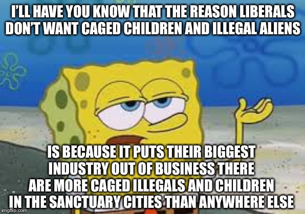I’ll have you know spongebob | I’LL HAVE YOU KNOW THAT THE REASON LIBERALS DON’T WANT CAGED CHILDREN AND ILLEGAL ALIENS IS BECAUSE IT PUTS THEIR BIGGEST INDUSTRY OUT OF BU | image tagged in ill have you know spongebob | made w/ Imgflip meme maker