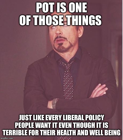 Face You Make Robert Downey Jr Meme | POT IS ONE OF THOSE THINGS JUST LIKE EVERY LIBERAL POLICY PEOPLE WANT IT EVEN THOUGH IT IS TERRIBLE FOR THEIR HEALTH AND WELL BEING | image tagged in memes,face you make robert downey jr | made w/ Imgflip meme maker