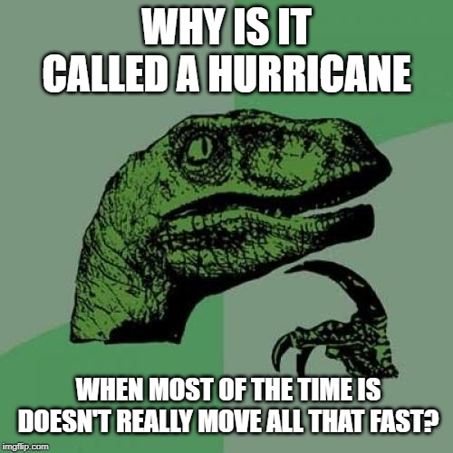 Slow Storm | WHY IS IT CALLED A HURRICANE; WHEN MOST OF THE TIME IS DOESN'T REALLY MOVE ALL THAT FAST? | image tagged in memes,philosoraptor | made w/ Imgflip meme maker