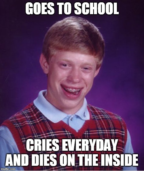 Bad Luck Brian Meme | GOES TO SCHOOL; CRIES EVERYDAY AND DIES ON THE INSIDE | image tagged in memes,bad luck brian | made w/ Imgflip meme maker