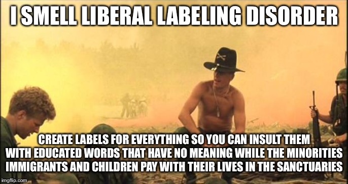 Apocalypse Now | I SMELL LIBERAL LABELING DISORDER CREATE LABELS FOR EVERYTHING SO YOU CAN INSULT THEM WITH EDUCATED WORDS THAT HAVE NO MEANING WHILE THE MIN | image tagged in apocalypse now | made w/ Imgflip meme maker