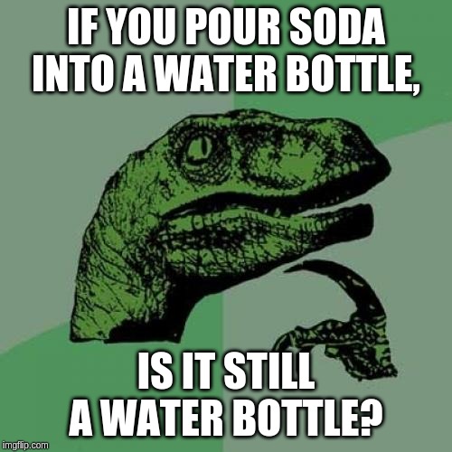 The answer we need | IF YOU POUR SODA INTO A WATER BOTTLE, IS IT STILL A WATER BOTTLE? | image tagged in memes,philosoraptor,water bottle | made w/ Imgflip meme maker