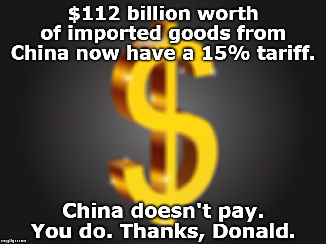 Smooth move | $112 billion worth of imported goods from China now have a 15% tariff. China doesn't pay. You do. Thanks, Donald. | image tagged in dollar sign,tariff,china,trade war,tax | made w/ Imgflip meme maker