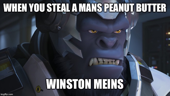 Winston Overwatch | WHEN YOU STEAL A MANS PEANUT BUTTER; WINSTON MEINS | image tagged in winston overwatch | made w/ Imgflip meme maker