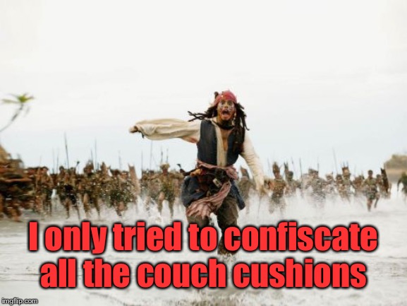Jack Sparrow Being Chased Meme | I only tried to confiscate all the couch cushions | image tagged in memes,jack sparrow being chased | made w/ Imgflip meme maker